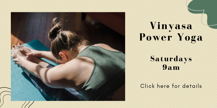 Vinyasa Power Yoga (all levels) SATURDAYs, at 9am. Click here for details.