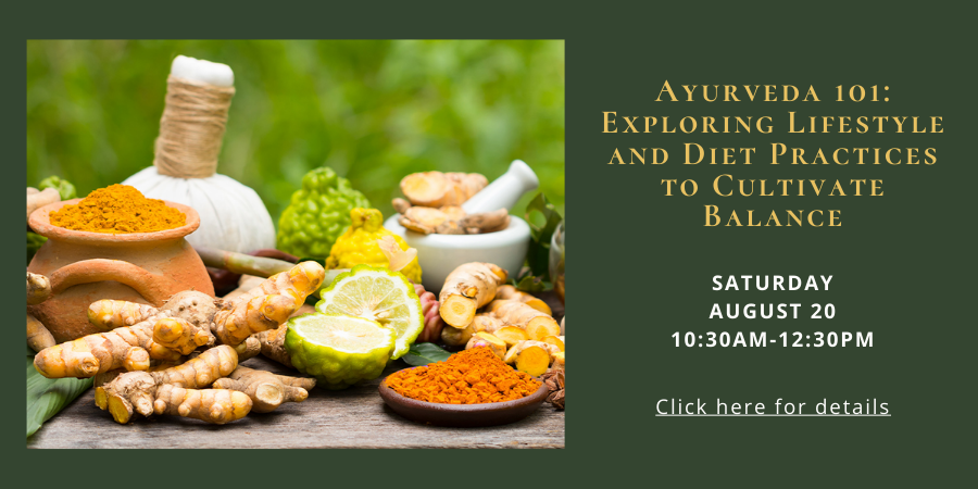 [IN PERSON] Ayurveda 101: Exploring Lifestyle and Diet Practices to Cultivate Balance SATURDAY, AUGUST 20 10:30am-12:30pm