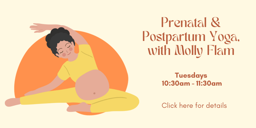 Prenatal & Postpartum Yoga, with Molly Flam TUESDAYs at 10:30am. Click here for details.