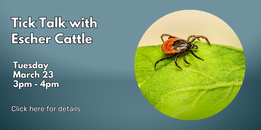 Skip to Content Tick Talk with Escher Cattle Tuesday, March 24 3:00—4:00 PM. Click here for details.